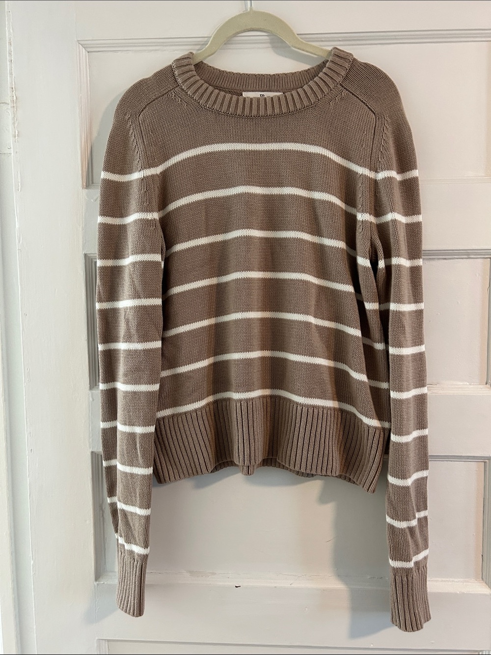 Banana Republic Taupe and White Striped Crewneck Cotton Silk Sweater